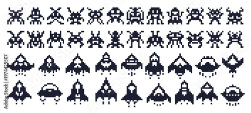 8 bit pixel art space ships and alien invaders characters, robots and viruses game asset. Nostalgic arcade spaceships, alien invaders, quirky robots and virus characters for indie game development