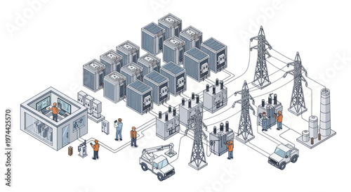 Isometric illustration of a power grid and energy distribution network.