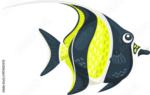 Moorish idol fish sea underwater marine animal cartoon character. Sea aquatic moorish idol fish cheerful mascot, marine creature isolated vector cute character. Ocean water wildlife funny personage