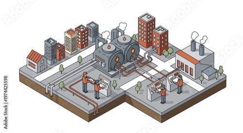 Isometric illustration of a power plant with workers and city buildings.