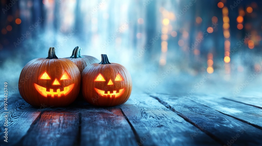 Fototapeta premium Spooky Halloween Pumpkin Faces and Glowing Lanterns on a Misty Wooden Surface with Bokeh Effects