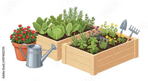 Colorful vector illustration showcasing the joys of Spring Gardening, featuring wooden planters overflowing with herbs and plants, next to a potted red flower and watering can, set