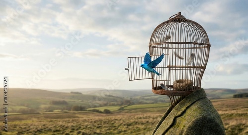 Bird escaping cage on human head, symbolizing freedom of thought