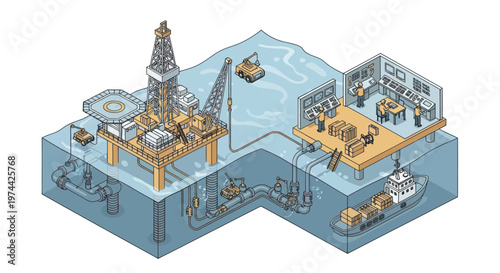 Isometric illustration of an offshore oil and gas drilling platform with subsea operations.