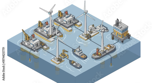 Isometric illustration of an offshore wind farm and marine operations.