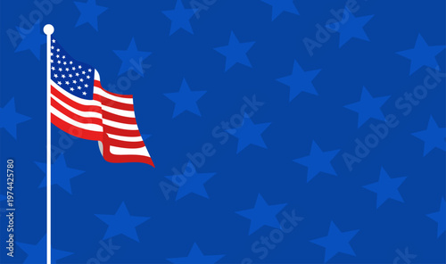 American flag waving proudly on a flagpole against a blue background.
