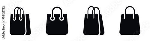 Black and white shopping bag silhouette collection, retail theme, vector icons, flat design elements