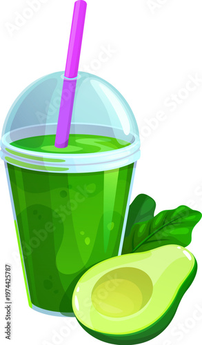 Green smoothie drink with plastic lid and straw, fresh cut avocado and spinach leaves. Cartoon vector green smoothie beverage in transparent cup promoting healthy eating, fitness, organic detox drinks