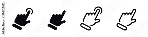 Finger press icons set indicating touch gesture in black and white silhouette style