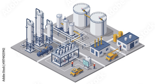 Isometric Industrial Chemical Plant with Storage Tanks and Buildings.