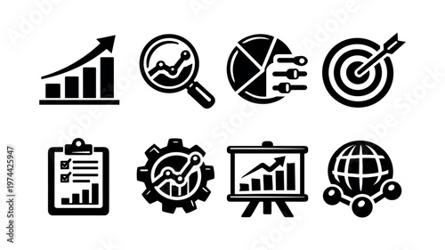 Business growth and analysis icons set featuring graphs charts targets gear elements in black and white silhouette style
