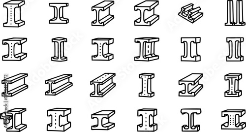 Industrial Construction Engineering I-Beam and Structural Steel Shapes Line Art Icons Set. Black and White Outline Metal Profiles and Girders Vector Collection.