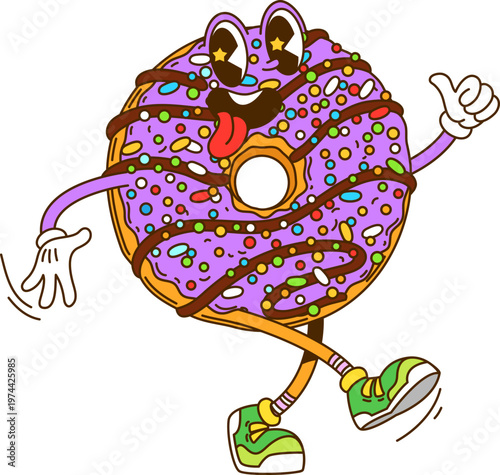 Cartoon groovy donut character for dessert and confectionery, vector personage. Funny Y2K groovy donut character with chocolate syrup and sprinkles on candy icing with funky cool thumb up gesture
