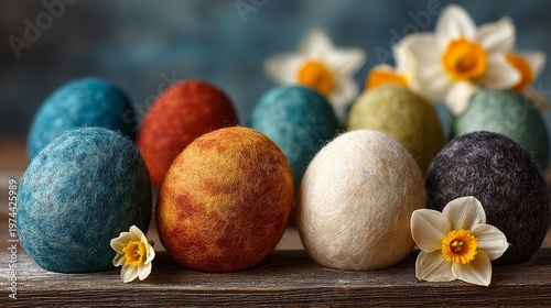 A rustic wooden backdrop showcases pastel‑covered Easter eggs and spring flowers, evoking a natural, cozy holiday atmosphere