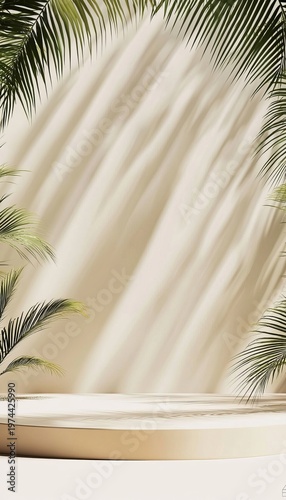 Elegant Presentation Podium Surrounded by Lush Palm Shadows, Showcasing Products in Natural Light