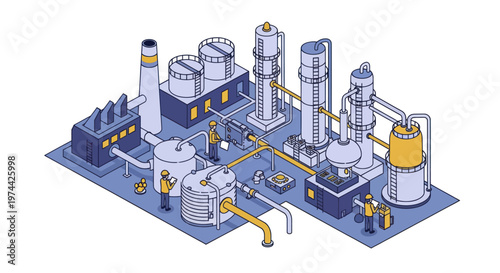Isometric Industrial Chemical Plant with Workers and Machinery.