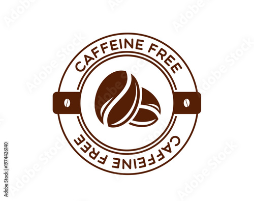 Caffeine free icon with coffee bean for decaffeinated drink package badge, vector label. Zero caffeine free icon or stamp emblem with coffee bean for dietary supplement or decaf food package tag