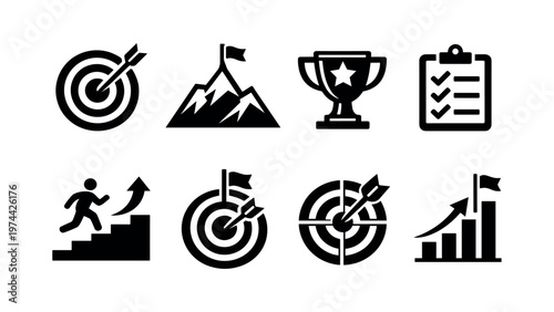Business achievement icons set, target goals trophy checklist success, black and white vector silhouettes