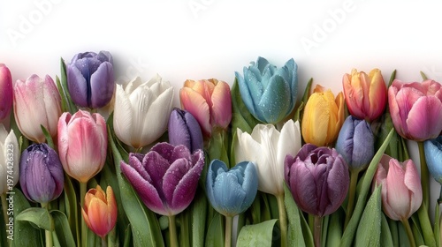 Red, yellow, pink, purple, and white tulips, displayed vividly, isolated on a white or transparent background