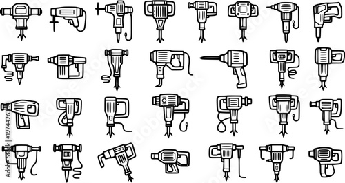 Construction Demolition Jackhammers and Rotary Hammer Drills Black and White Line Art Icons Set