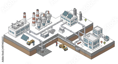 Isometric Industrial Complex with Factories and Energy Production.