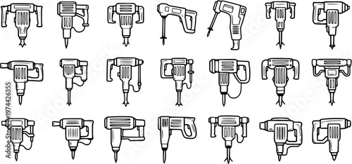 Construction Jackhammers and Demolition Hammers Outline Icons Set. Industrial Power Tools Collection in Black  White Line Art Style for Demolition Work.