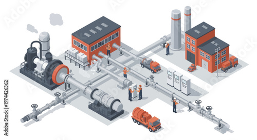 Isometric Industrial Complex with Factories and Pipelines.