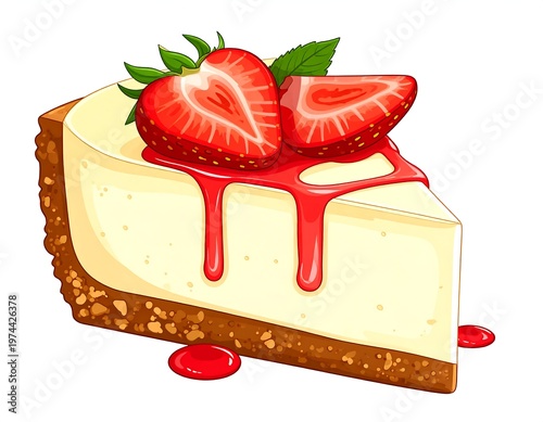 A slice of cheesecake with strawberries and red sauce on top