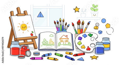 A colorful art illustration displays an open sketchbook showing a house, alongside paintbrushes and an easel with a smiling sun, all set against a clean white background