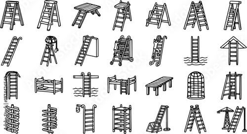 Construction and Household Ladders Vector Line Art Set. Outline Icons of Step Stools, Extension Ladders, Bunk Bed Ladders, and Climbing Equipment.