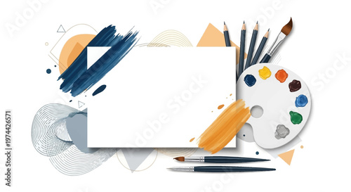 Overhead shot of a blank canvas surrounded by paintbrushes, pencils, and a colorful palette, creatively arranged with abstract design elements, showcasing a vibrant and artistic mood