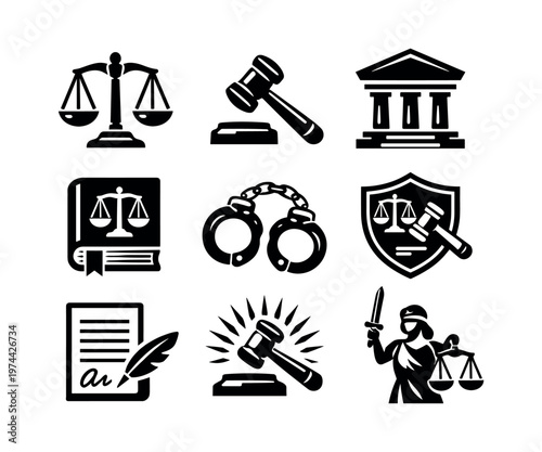 Legal and judicial icons set featuring scales gavel and courthouse silhouette vector illustration