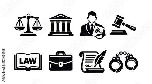 Legal and justice icons set, scales, gavel, court building, lawyer silhouette, vector illustration