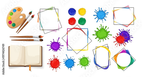 A flat lay featuring an open sketchpad, paint brushes, and a colorful palette alongside geometric frames and splattered paint conveying artistic design, set against a clean white background