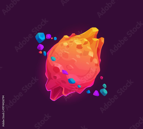 Cartoon alien space planet of lava glow and stones orbit, vector galaxy fantasy icon. Cartoon alien space planet with orange rock mountains landscape and orbital color stones for cosmic galaxy game
