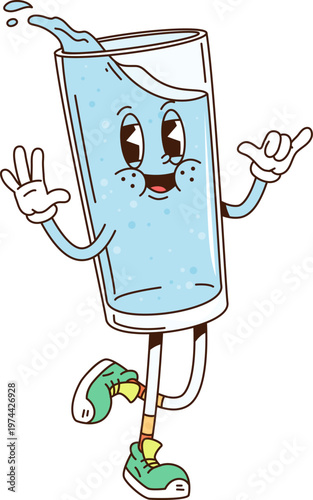 Cartoon groovy water glass drink funky character with happy face, vector beverage. Groovy mineral water glass cup with funny smile and cool gesture in good mood and positive emotion as drink character