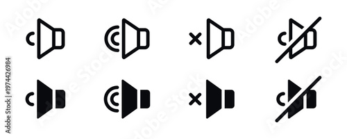 Set of audio icon elements, speaker, volume control, mute and unmute symbols, vector silhouette