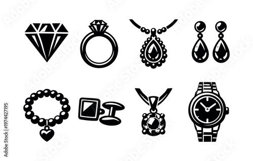Black and white vector illustrations of jewelry and accessories silhouettes including rings and necklaces