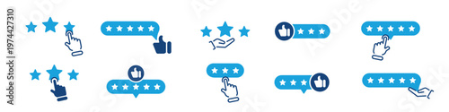 Blue and white star rating icons with hands buttons and thumbs up in flat vector style