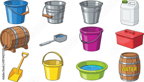 Water Container and Bucket Collection with Barrels, Plastic Cans, Basins, and Cleaning Tools for Household, Gardening, and Storage Illustration Set