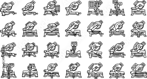 Black and White Line Art Icons of Miter Saws and Chop Saws for Woodworking and Construction