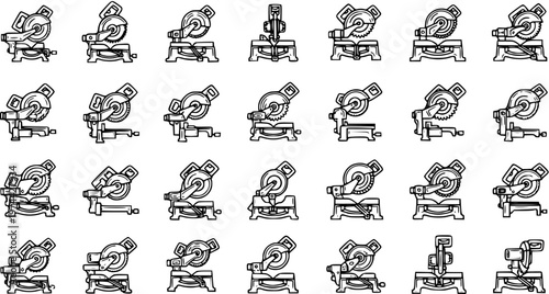 Black and White Line Art Vector Icons of Various Miter Saws for Woodworking