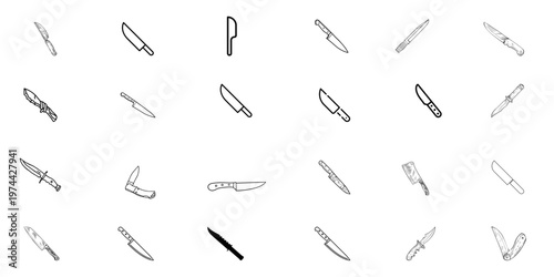 Kitchen Knife and Chef Blade Icon Set – Minimalist Hand-Drawn Line Art for Cooking, Culinary Arts, and Branding