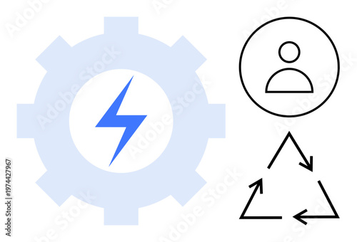Renewable energy, recycling, sustainability, human activities, environmental impact, teamwork. Gear with lightning bolt, person icon and recycling symbol. Renewable energy and recycling concepts