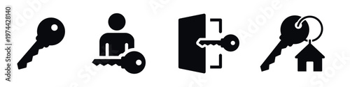 Silhouette set of keys and person icons illustrating security and home concept in black and white