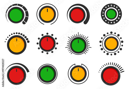 Control knobs collection with circular switches and colored indicators. Interface elements for settings adjustment
