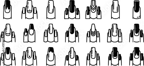 Black and White Line Art Icons of Various Nail Shapes and Manicure Styles for Beauty Industry