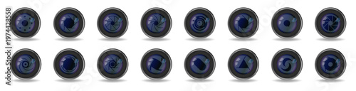 Camera lenses collection with aperture blades and realistic reflections. Optical elements for photography equipment and shooting technology