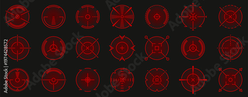 Target icons collection with futuristic red hud elements and circular aim symbols. Digital interface graphics for gaming