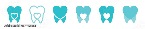 Dental health icons with heart elements flat vector design in various blue shades